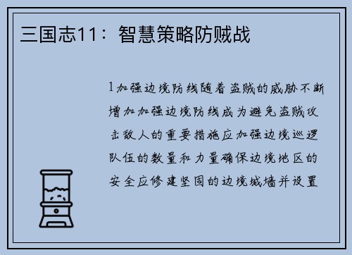 三国志11：智慧策略防贼战